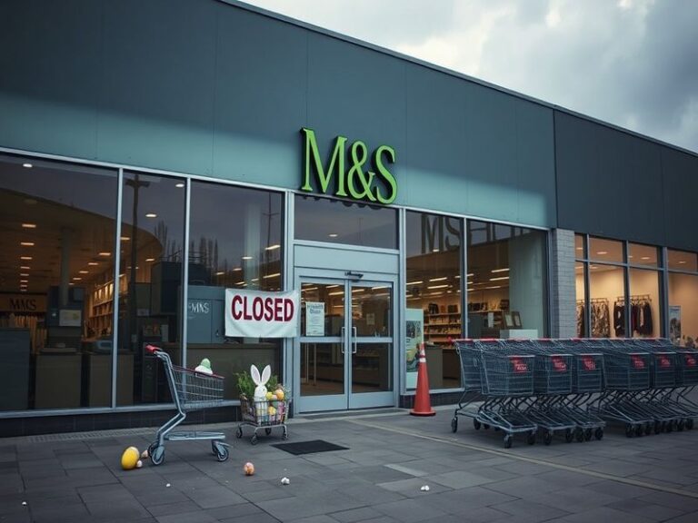 An image depicting a closed Marks & Spencer store on Easter Sunday, showcasing a serene atmosphere with empty streets and hol