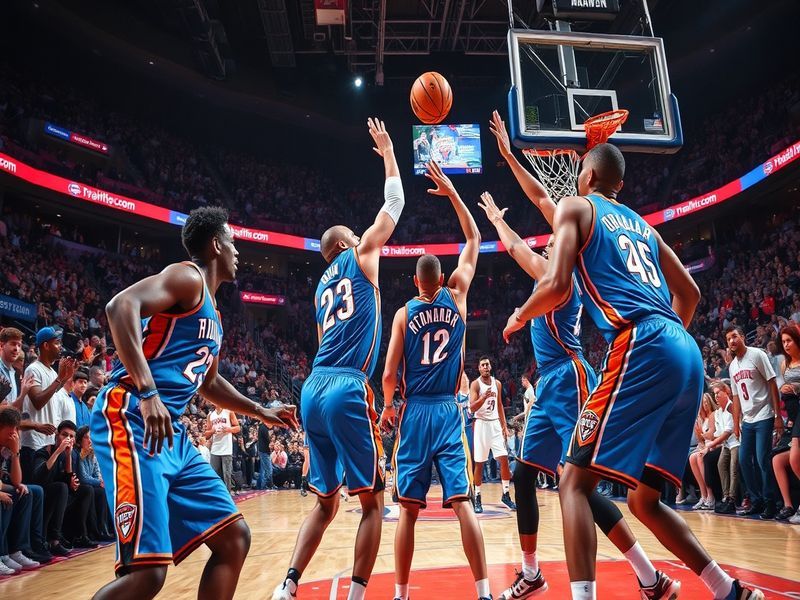 A vibrant basketball court scene featuring the Thunder and Knicks players in action, showcasing their team colors and intensi