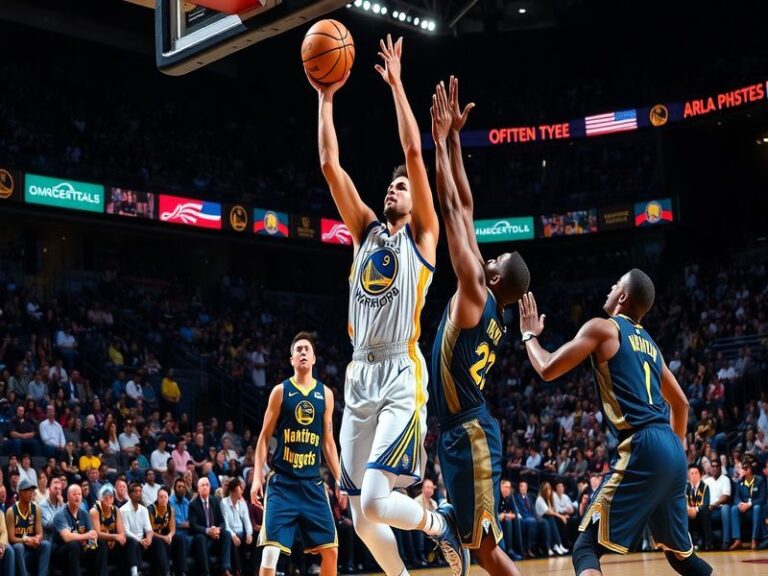 A dynamic image showcasing a pivotal moment in a game between the Golden State Warriors and Denver Nuggets, featuring players