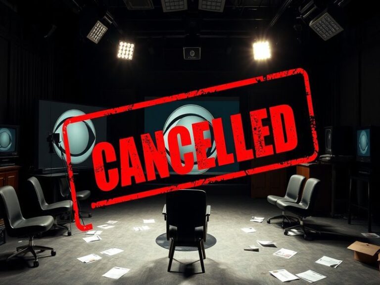 A split-screen image showing a canceled CBS show’s cast on the left (e.g., MacGyver or SEAL Team) and a CBS executive reviewi