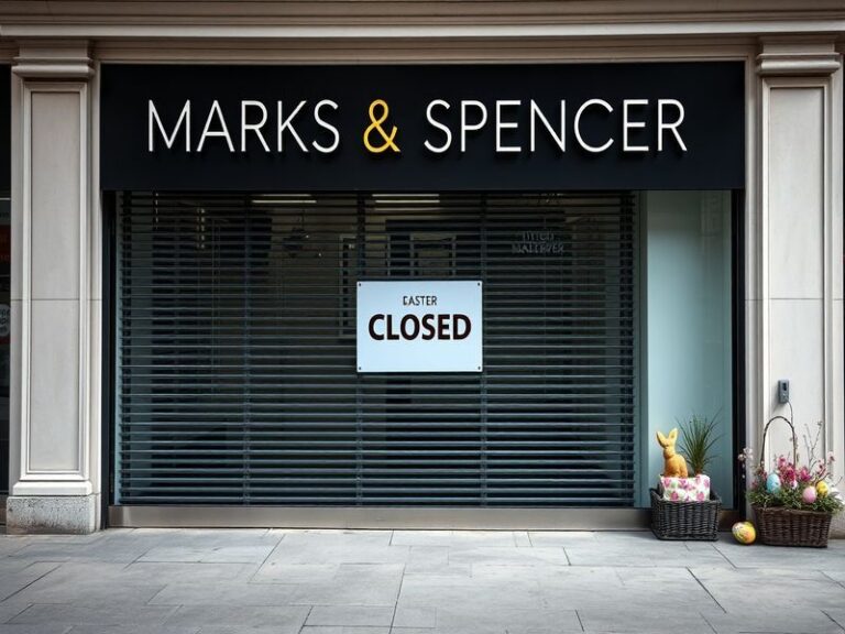 An image of a closed Marks & Spencer store on Easter Sunday, with empty streets and a peaceful atmosphere, signaling a day of