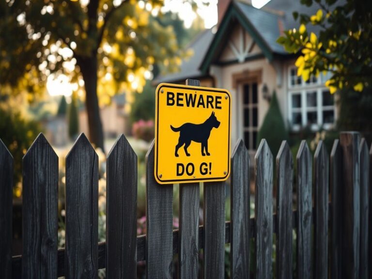 An image depicting a Royal Mail dog warning sign on a residential property, with a friendly dog in the background and a posta