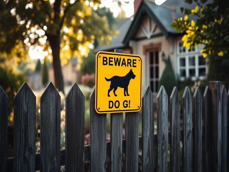 An image depicting a Royal Mail dog warning sign on a residential property, with a friendly dog in the background and a posta