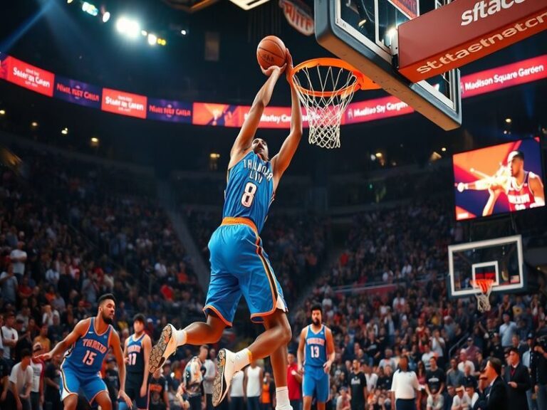 An action shot of a Thunder player driving to the basket against a Knicks defender, showcasing the intensity of the game with