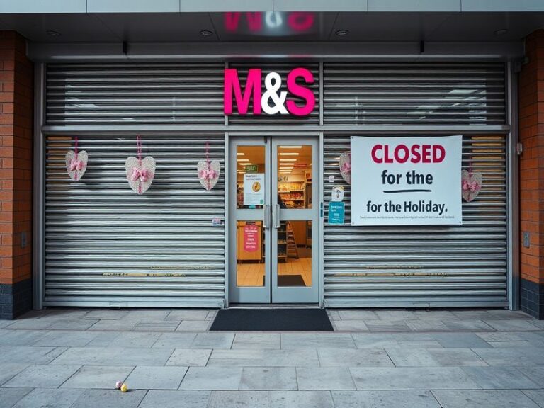 An image depicting a closed M&S store on Easter Sunday, with signage indicating the holiday closure, surrounded by a quiet st