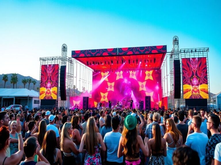 A vibrant scene from Coachella festival, featuring a diverse crowd enjoying live music under colorful lights, with iconic pal