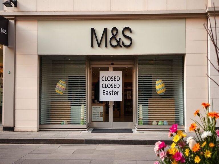 A vibrant Easter Sunday scene outside an M&S store, showcasing closed doors with a sign indicating the holiday closure, surro