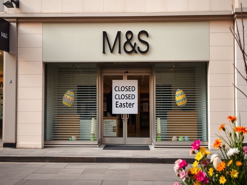 A vibrant Easter Sunday scene outside an M&S store, showcasing closed doors with a sign indicating the holiday closure, surro