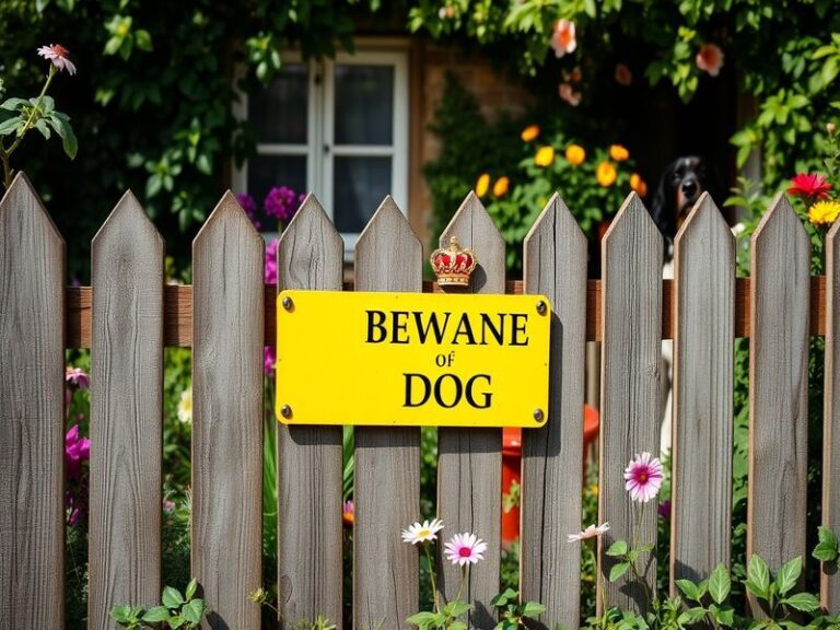 An image of a Royal Mail dog warning sign in a residential area, featuring a clear warning symbol with a dog illustration, se