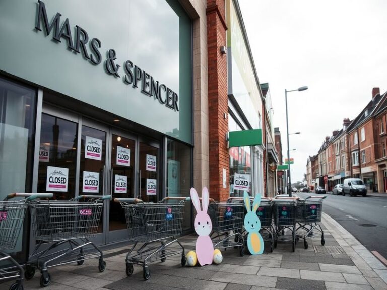A vibrant Easter shopping scene, with empty M&S store windows, showcasing a mix of holiday decorations and a quiet street.