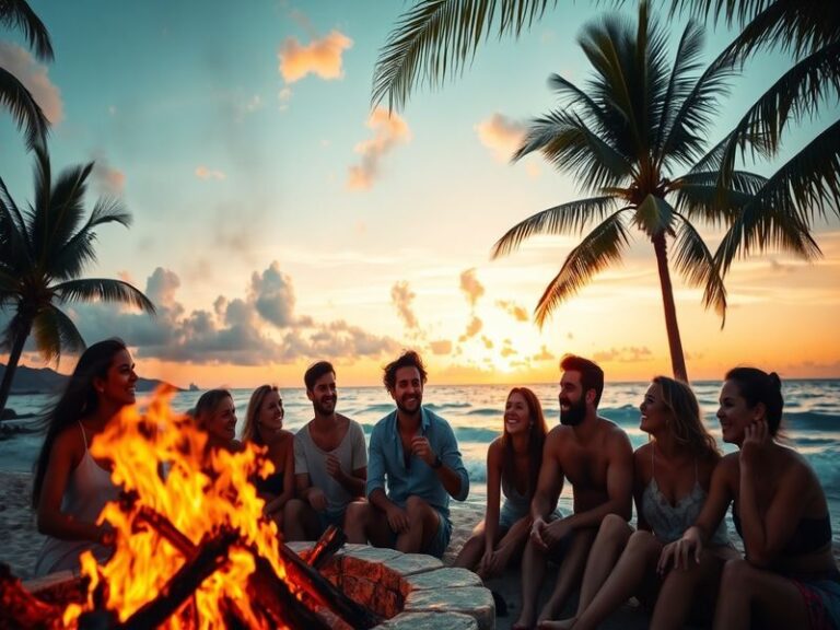 A vibrant tropical setting with characters engaged in deep conversation, showcasing emotional expressions and scenic beauty.