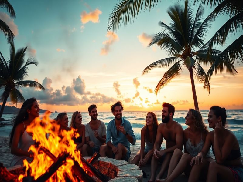 A vibrant tropical setting with characters engaged in deep conversation, showcasing emotional expressions and scenic beauty.