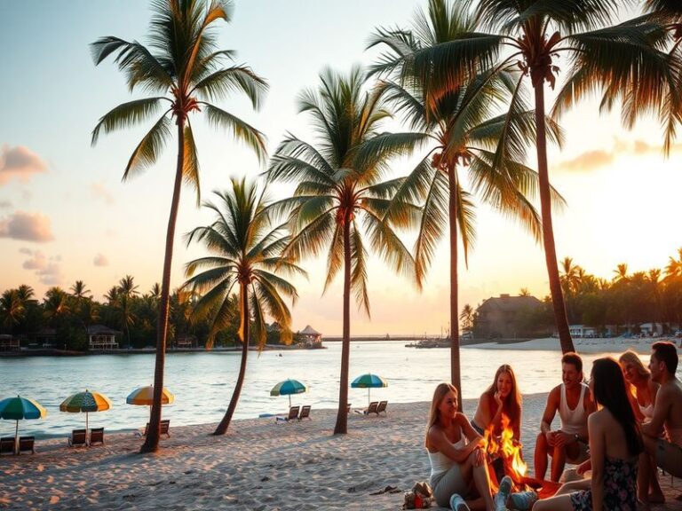 A vibrant scene from Paradise, showcasing the main characters in a dramatic moment, set against a lush tropical backdrop.