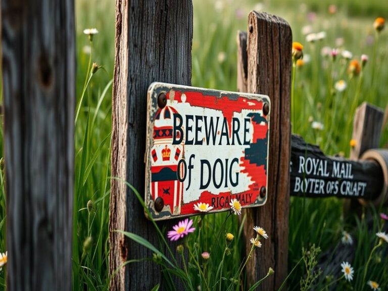 An image of a Royal Mail dog warning sign prominently displayed on a residential property, with a mailbox in the foreground a