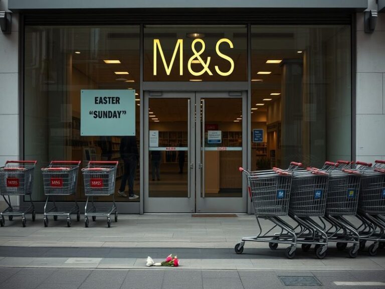 An image showing a closed Marks & Spencer store on Easter Sunday, with a 'Closed' sign visible, emphasizing the quiet streets
