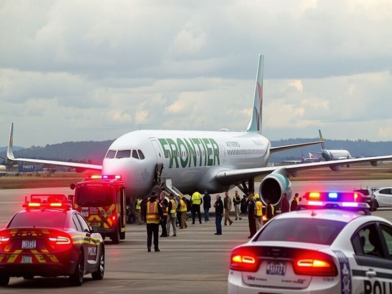 A busy airport terminal with passengers waiting in long lines, security personnel in uniform, and Frontier Airlines planes vi