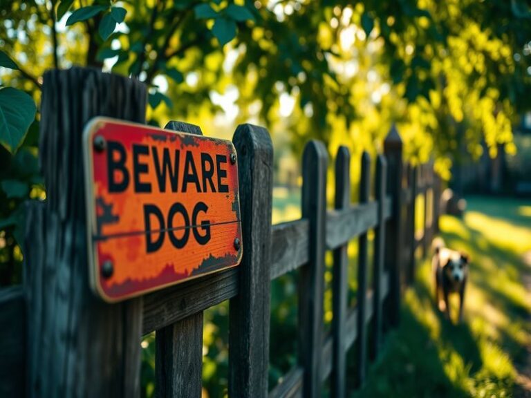 An image of a Royal Mail dog warning sign displayed on a residential gate, with a background of a well-kept lawn and a friend