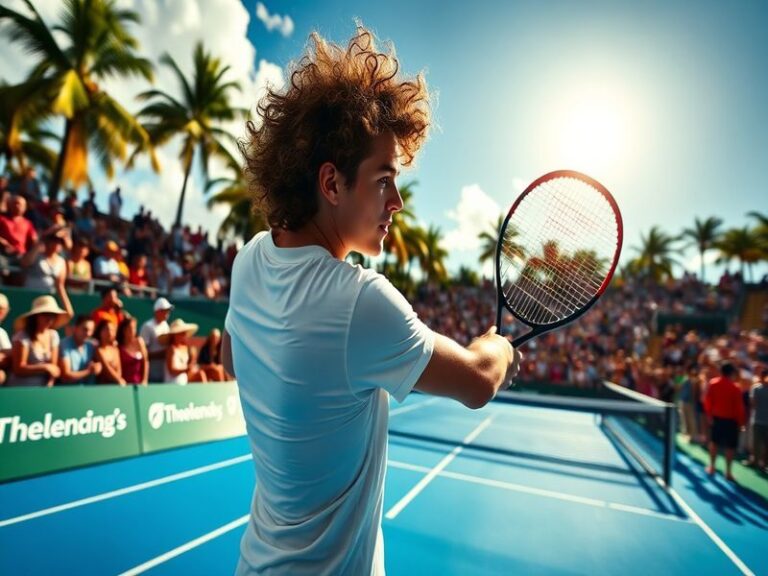 An action shot of Jannik Sinner during a match at the Miami Open, capturing his intense focus and athleticism against the vib