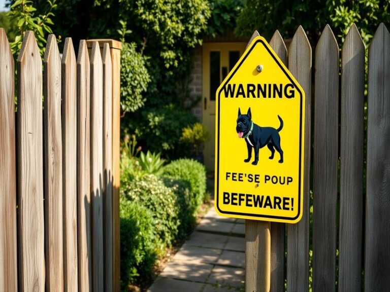 A Royal Mail dog warning sign prominently displayed on a residential gate, with a friendly dog peeking through the bars, high