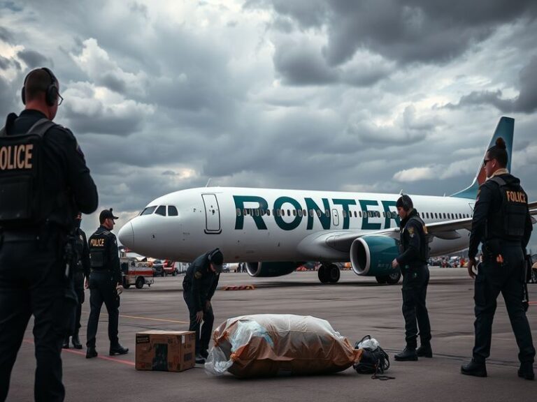 A Frontier Airlines plane on the tarmac at an airport, surrounded by emergency vehicles and law enforcement personnel during