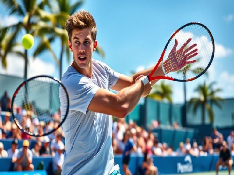 A dynamic shot of Jannik Sinner in action during a match at the Miami Open, with vibrant colors capturing the excitement of t