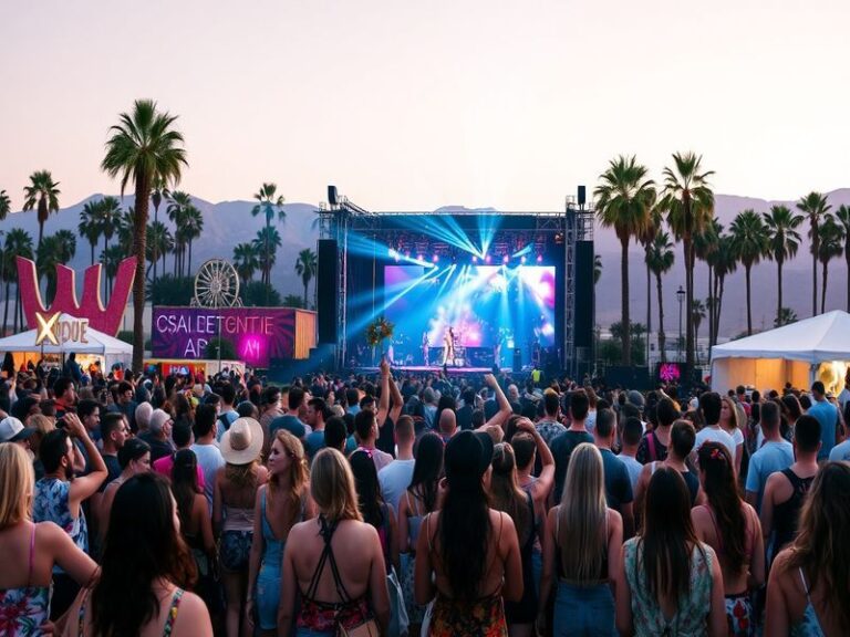 A vibrant scene from Coachella, showcasing a diverse crowd enjoying live music under a sunny sky, with colorful stage lights