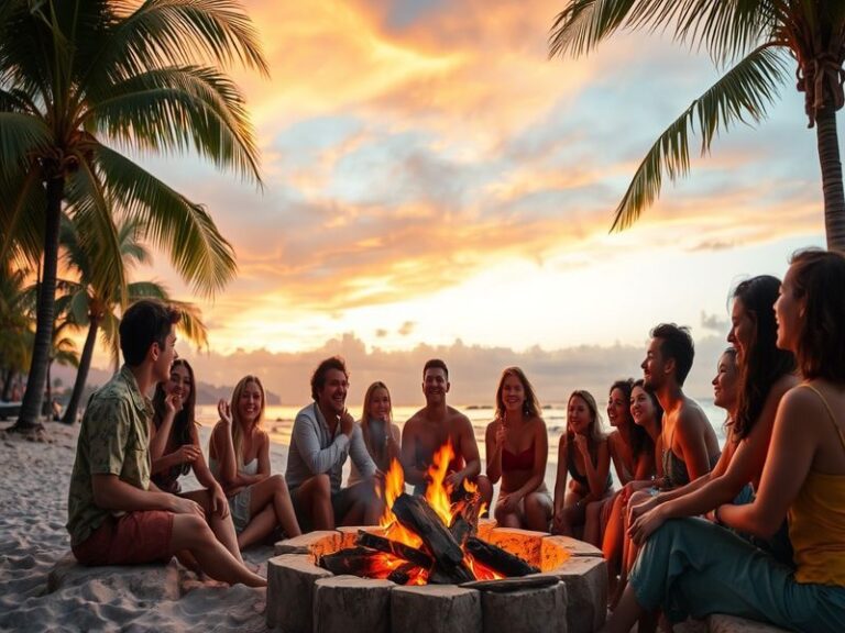 A panoramic shot of contestants in Patagonia, huddled around a campfire under a starry sky, with rugged mountains in the back
