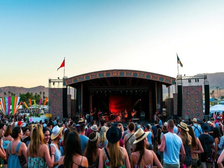 A vibrant scene from Coachella, featuring a diverse crowd enjoying live music under a sunset, with colorful festival decorati