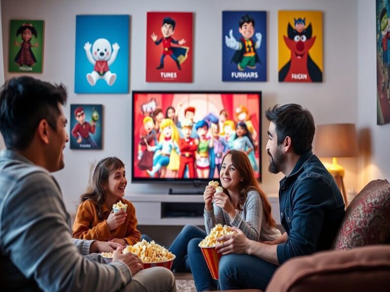 A vibrant collage of iconic TV show moments, featuring diverse genres and characters, set against a backdrop of a modern livi