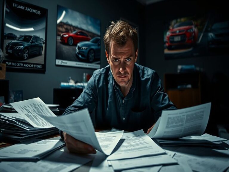 An image depicting a frustrated car buyer reviewing documents at a dealership, with a calculator and a car in the background,