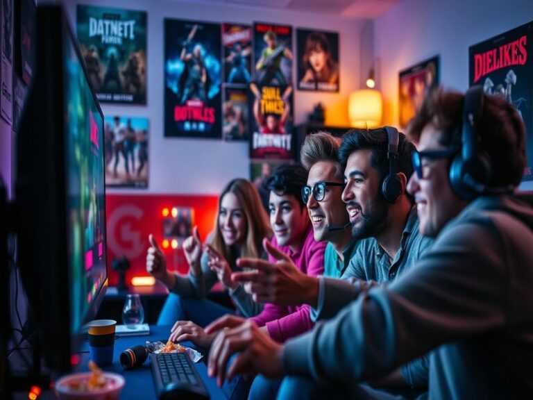 An image depicting a diverse group of gamers reviewing a game together, with laptops and consoles in a cozy setting.