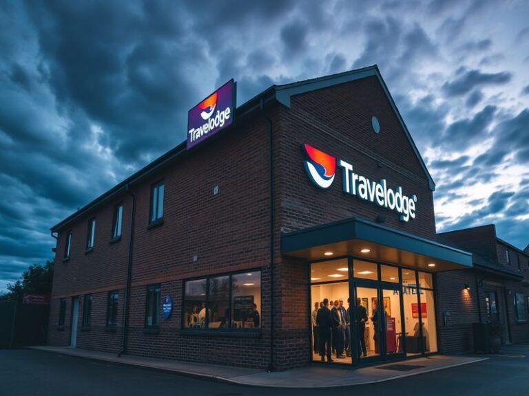 A cozy Travelodge hotel room featuring a comfortable bed, modern decor, and a welcoming atmosphere, reflecting budget-friendl