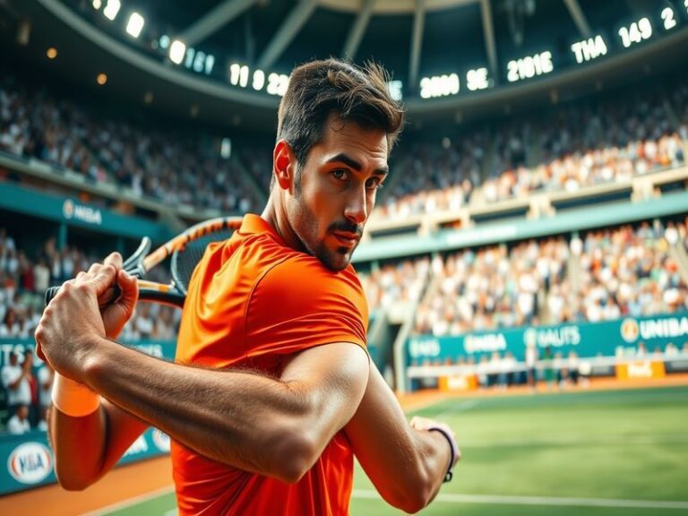 An action shot of Nikoloz Basilashvili during a match, showcasing his powerful forehand and focused expression on the tennis