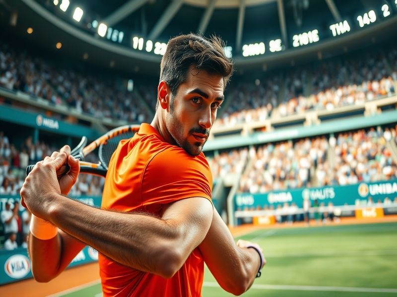 An action shot of Nikoloz Basilashvili during a match, showcasing his powerful forehand and focused expression on the tennis