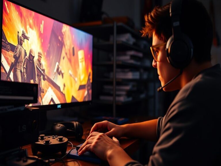 An engaging image of a gamer reviewing a game on a laptop, with colorful game artwork in the background, creating an inviting