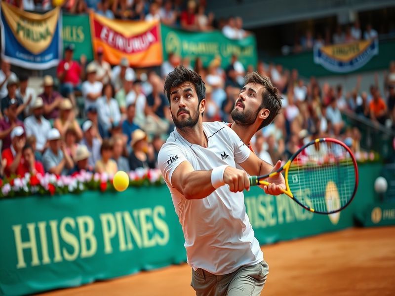 An action shot of Nikoloz Basilashvili during a match, showcasing his powerful forehand, with an enthusiastic crowd in the ba