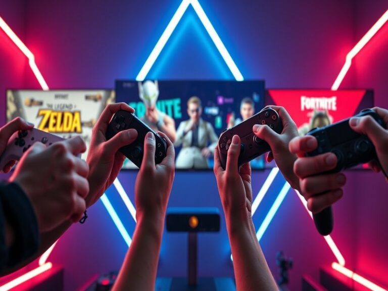 A vibrant collage of various video game covers, showcasing different genres and styles, set against a background of gaming co