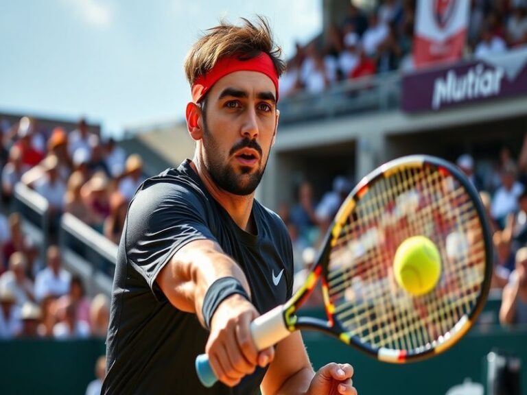 A dynamic action shot of Nikoloz Basilashvili during a tennis match, showcasing his intense focus and powerful swing, with a
