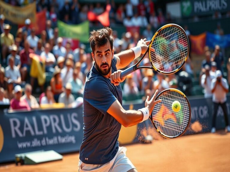 An action shot of Nikoloz Basilashvili during a match, showcasing his dynamic playing style with intense focus, set against a