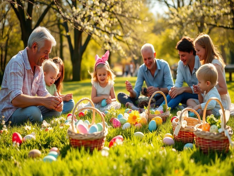 A vibrant Easter celebration scene with families picnicking outdoors, colorful Easter eggs, and spring flowers in bloom.