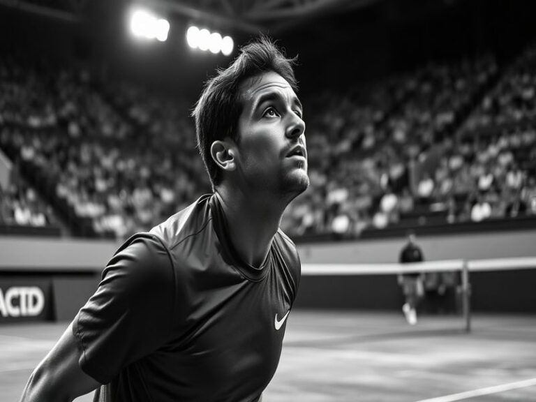An action shot of Jay Clarke during a match, showcasing his athleticism and focus, set against a vibrant tennis court backdro
