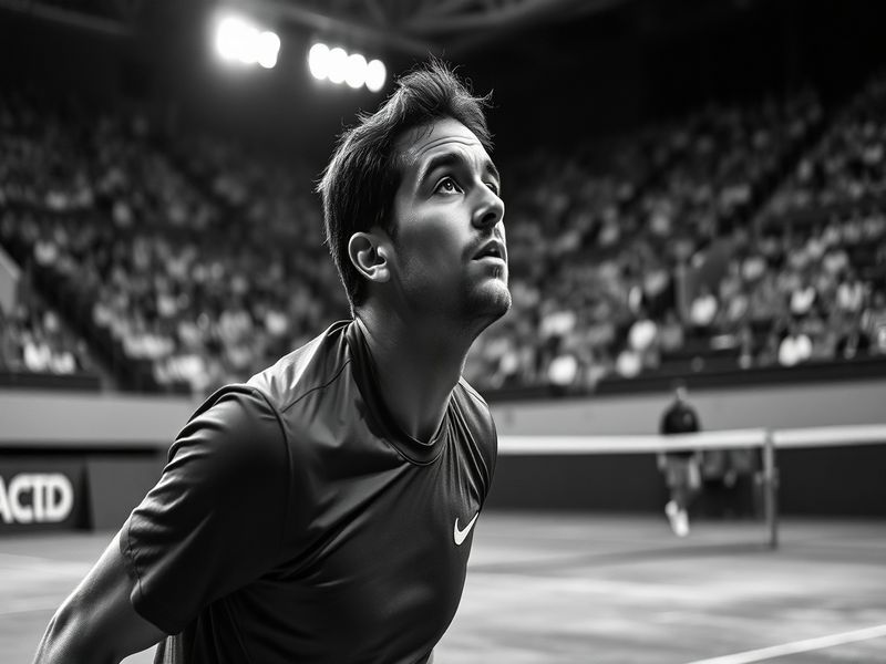 An action shot of Jay Clarke during a match, showcasing his athleticism and focus, set against a vibrant tennis court backdro