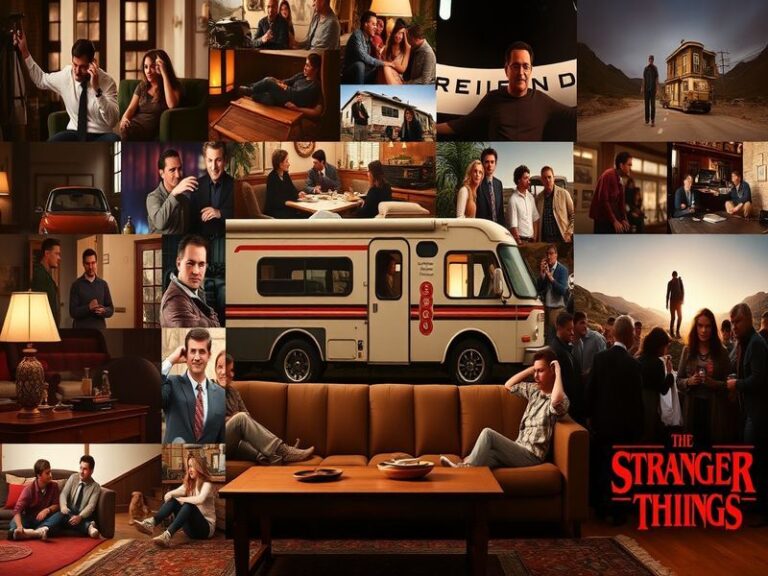 A collage of iconic television scenes from around the world, showcasing diverse characters and settings, evoking a sense of c