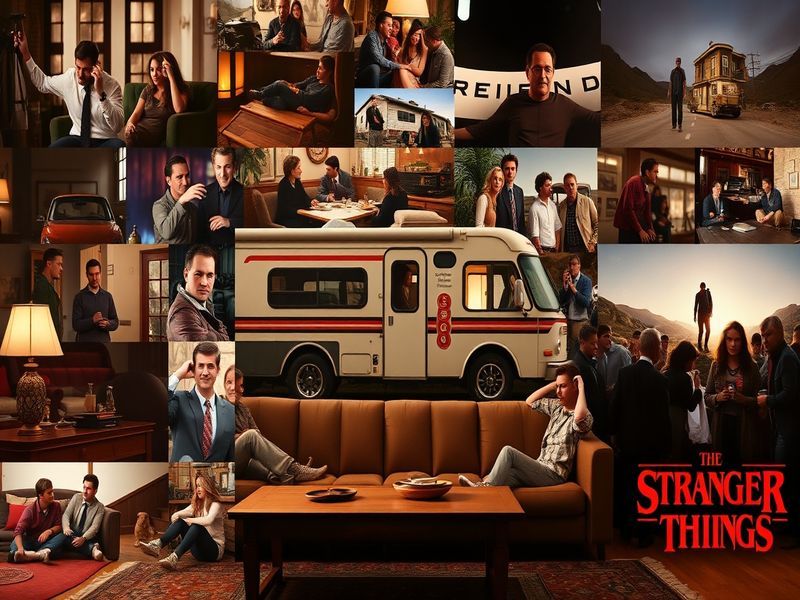 A collage of iconic television scenes from around the world, showcasing diverse characters and settings, evoking a sense of c