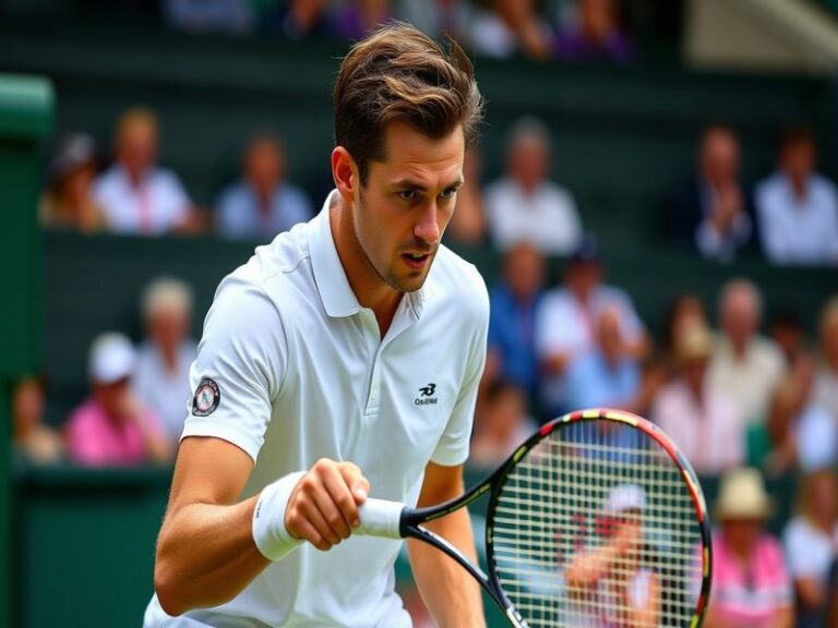 A dynamic action shot of Jay Clarke during a tennis match, showcasing his athleticism and concentration on the court.