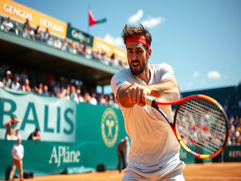 A dynamic action shot of Nikoloz Basilashvili during a tennis match, showcasing his powerful serve and focused expression, se