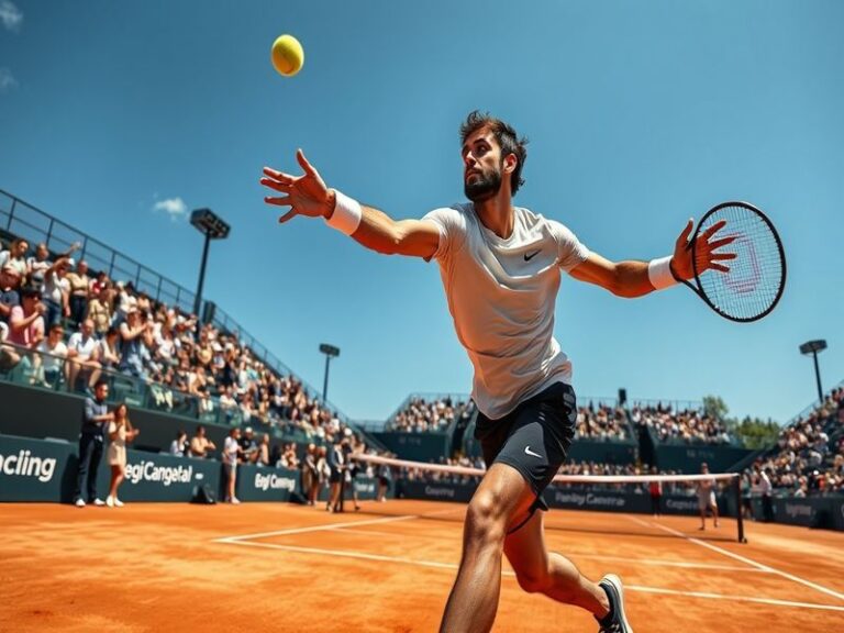 A dynamic action shot of Nikoloz Basilashvili during a match, capturing his intense focus and athleticism on the tennis court