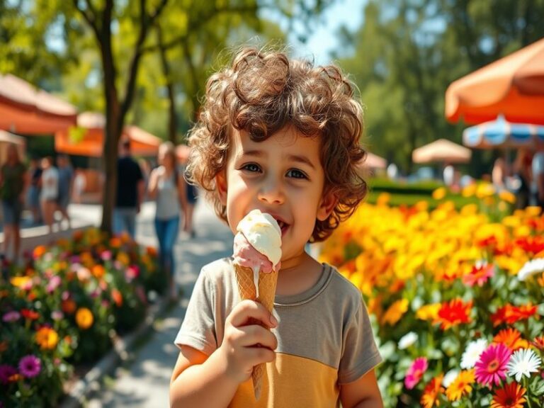 A vibrant display of various ice cream flavors in colorful cones and bowls, set against a cheerful summer backdrop.