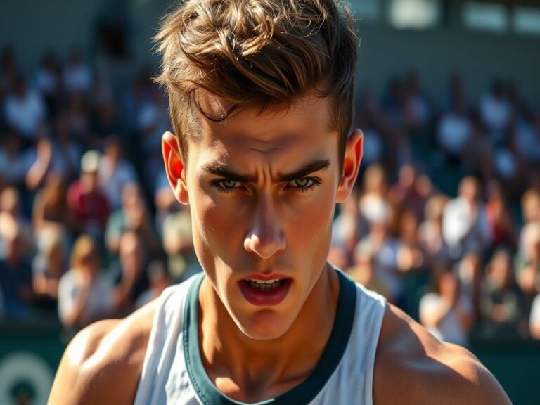 A dynamic action shot of Jay Clarke in a tennis match, showcasing his powerful serve and focus, surrounded by a cheering crow