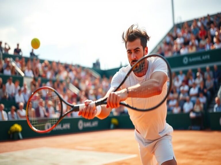 A dynamic action shot of Nikoloz Basilashvili during a match, showcasing his intense focus and powerful forehand stroke.